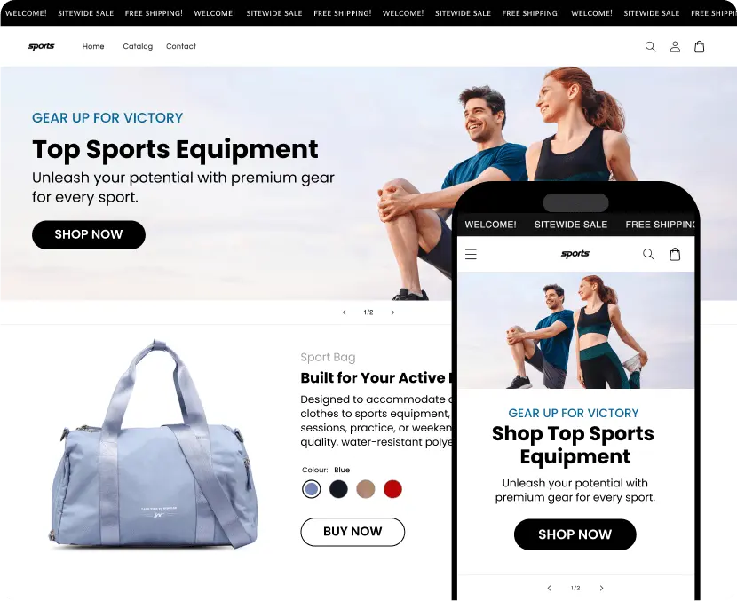 AI-built sports equipment storefront with a "Top Sports Equipment" hero banner and a sports bag product page