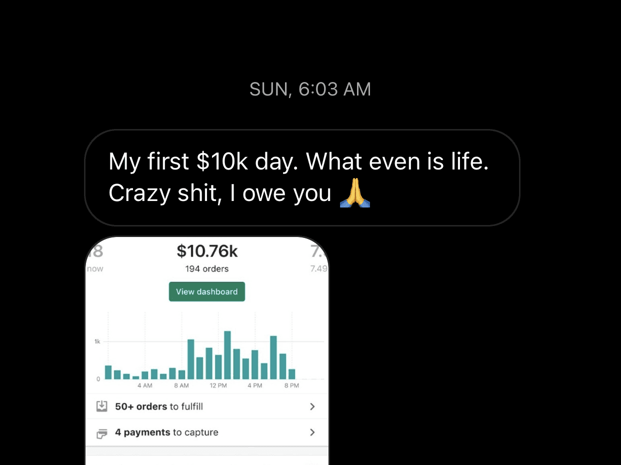 Member reporting their first $10k day, above a dashboard showing $10.76k from 194 orders