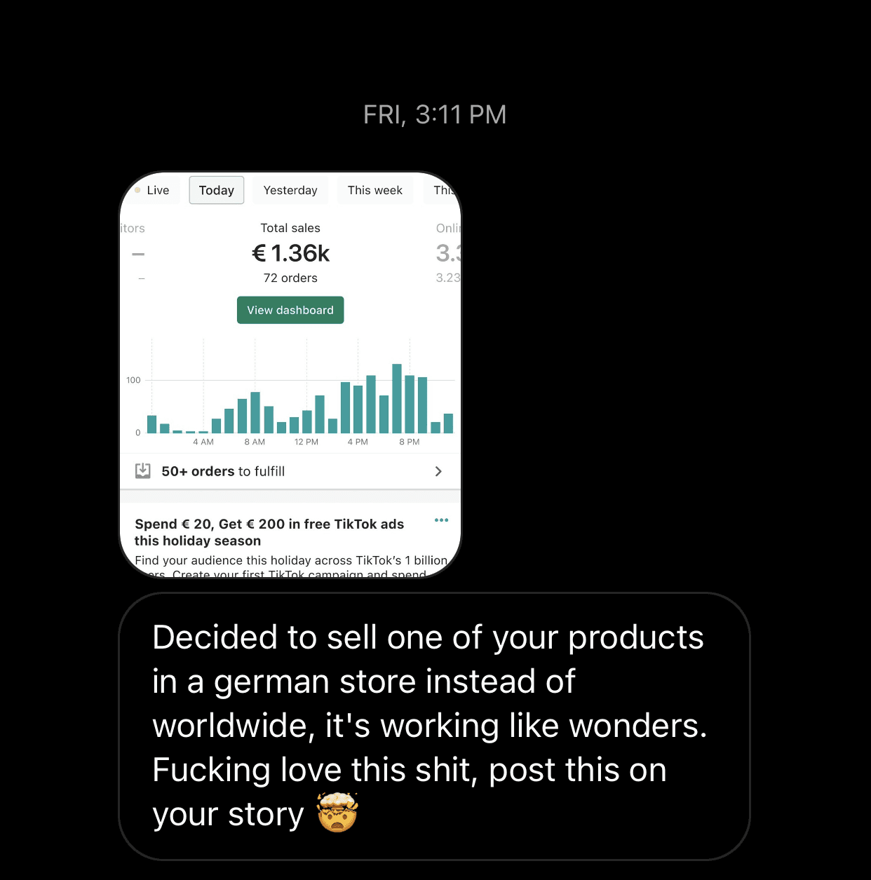 Member selling one product into the German market, above a dashboard showing €1.36k from 72 orders