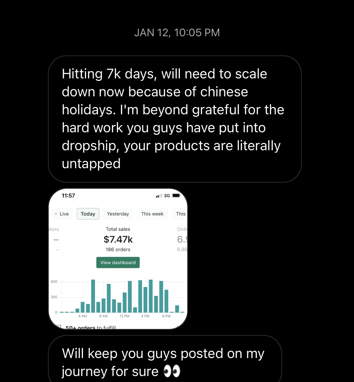 Member describing $7,000 days, above a dashboard showing $7.47k from 186 orders